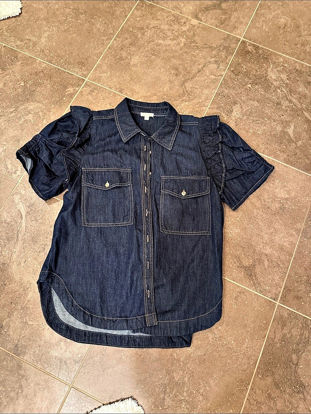 PILCRO Ozzi Ruffle-Sleeve Buttondown Shirt Denim Ruffle Sleeve Shirt Size Medium